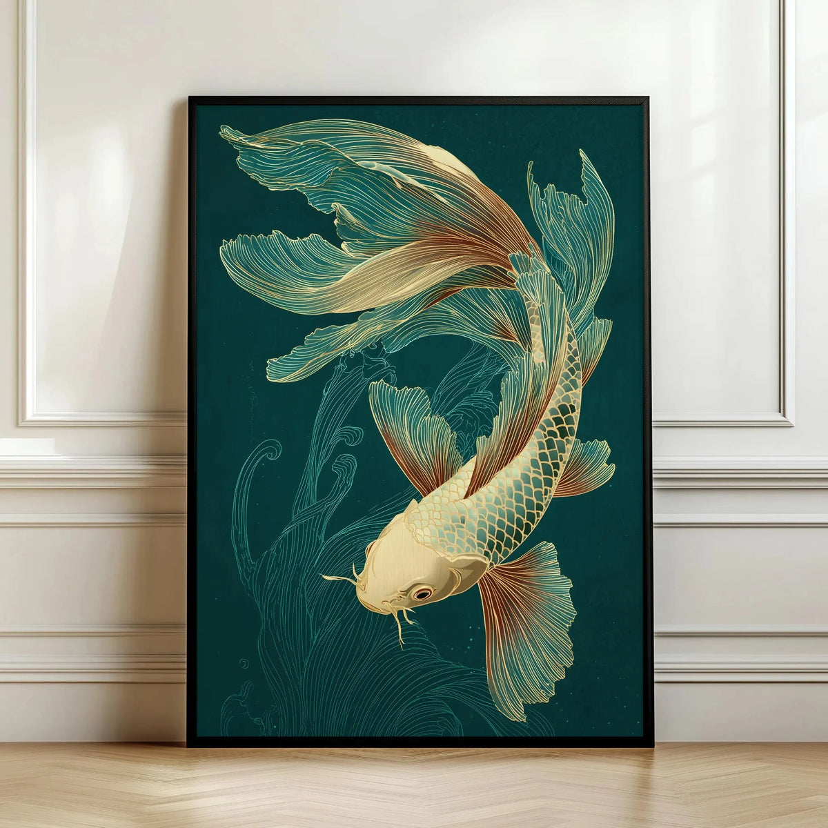 Framed artwork of a koi fish on a dark green background