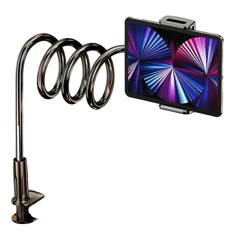 Black gooseneck tablet holder with flexible coiled arm and desk clamp