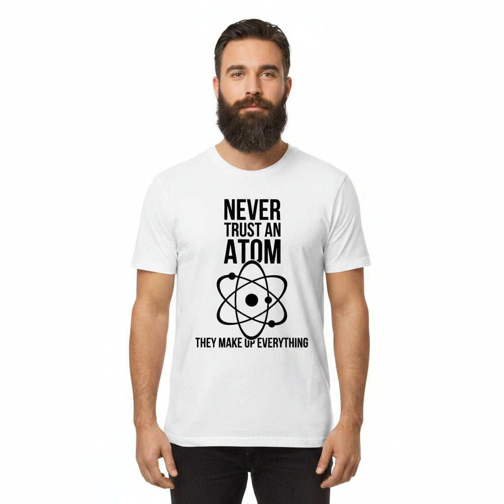 Never Trust an Atom men's science graphic T-shirt in white