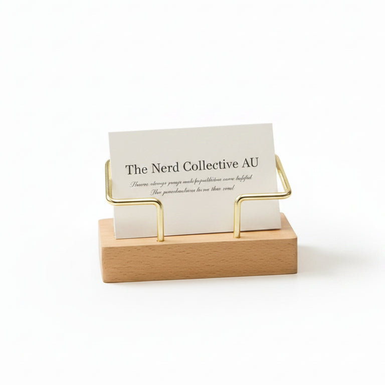 Wooden desktop business card holder with metal frame