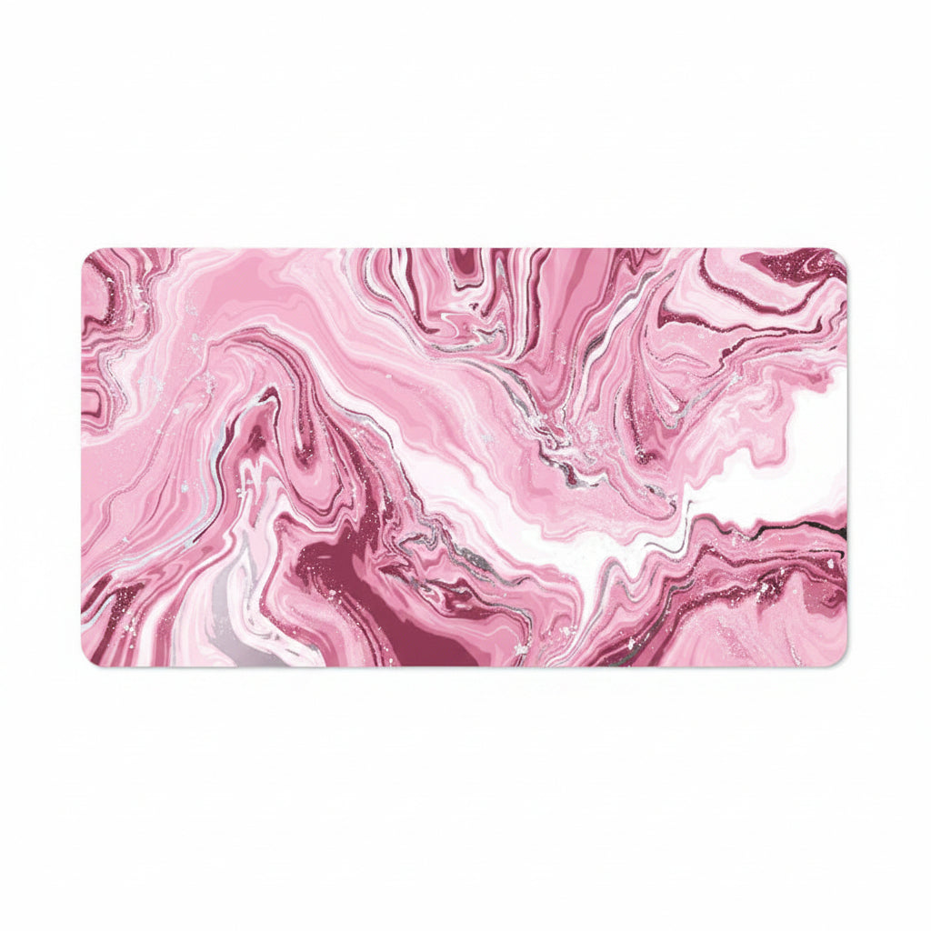 A rectangular desk mat with rounded corners featuring a pink and white marble swirl pattern, shown on a plain white background.