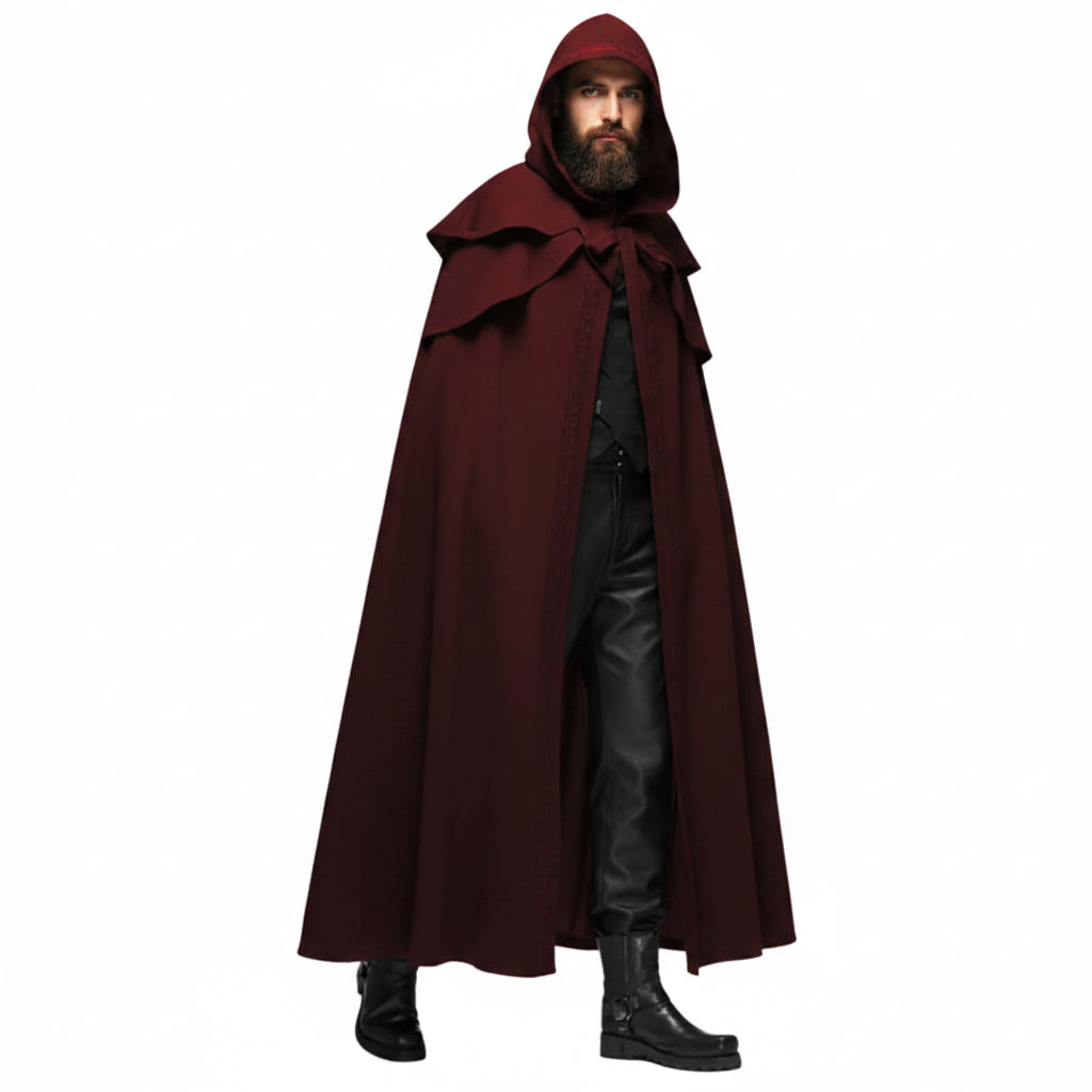 A person wearing a long burgundy hooded cloak over black clothing and black boots, shown in profile against a plain white background.