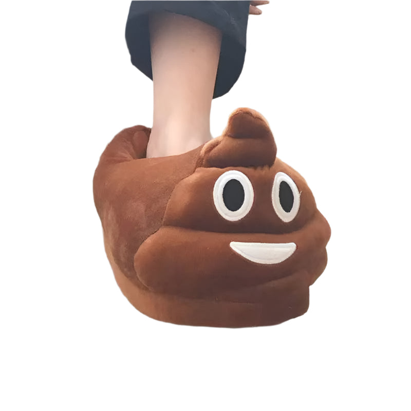Brown emoji-style slipper with a face design on a white background