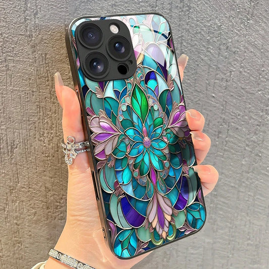 Colourful teal and purple floral stained-glass-style iPhone case