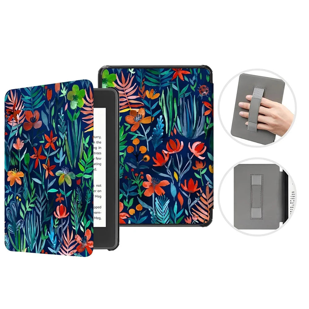 Floral patterned case for a Kindle device with additional views of the case and strap.