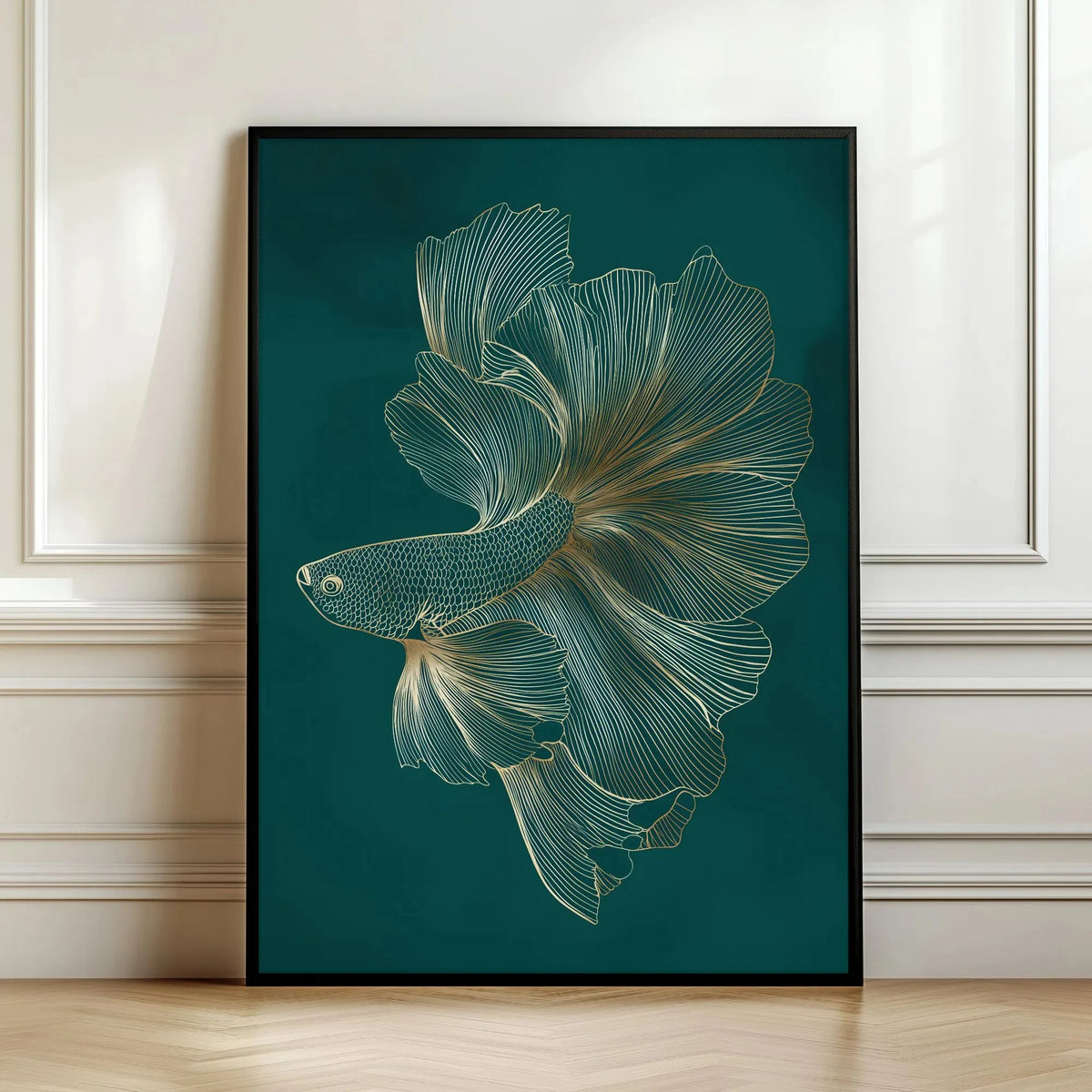 Framed artwork of a stylized fish on a teal background
