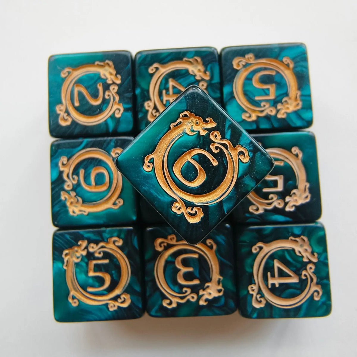 Teal dragon D6 dice set