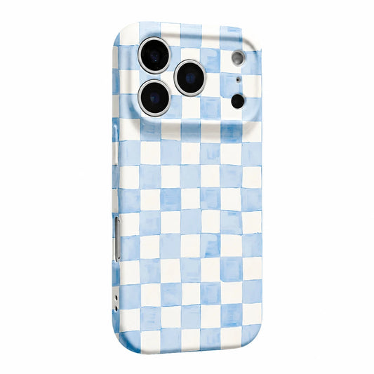 A protective phone case featuring a light blue and white checkerboard pattern, shown on a neutral light gray background.