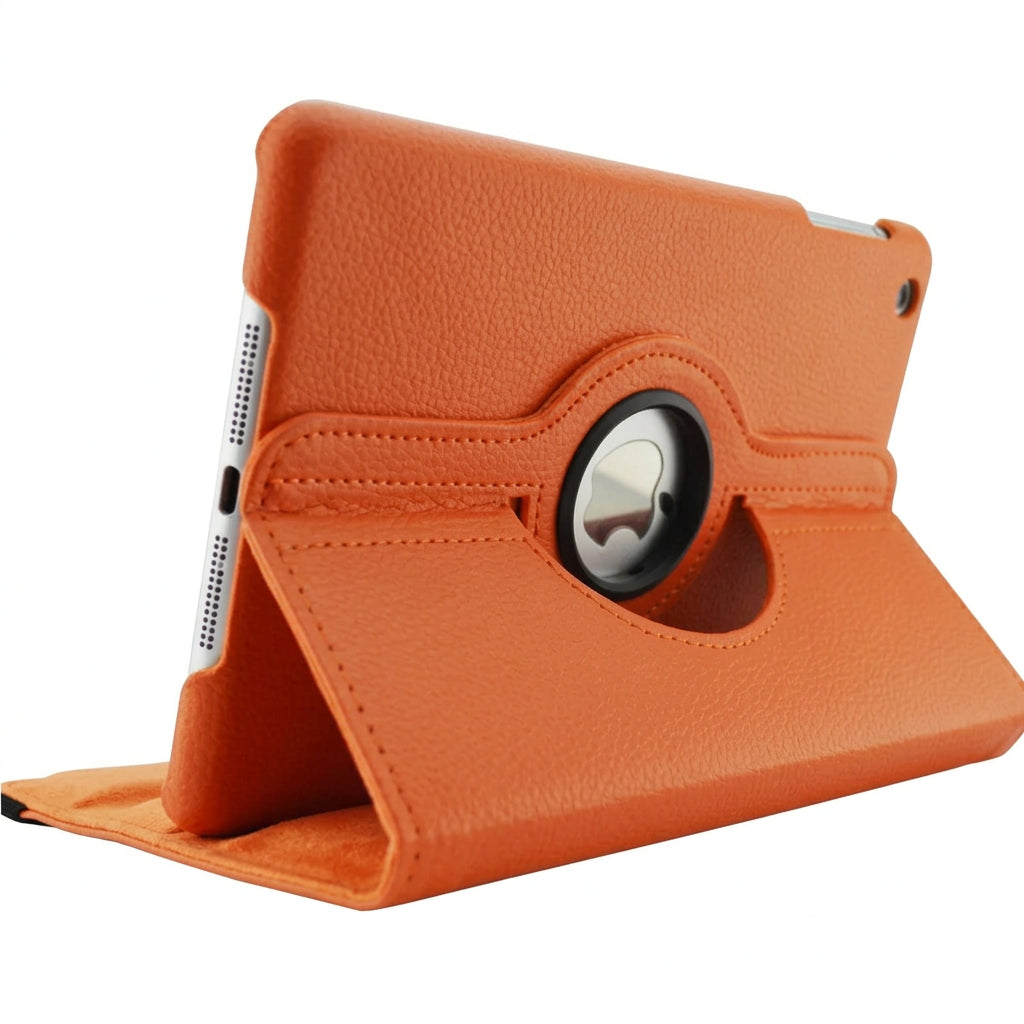 Orange rotating iPad case shown in landscape viewing position