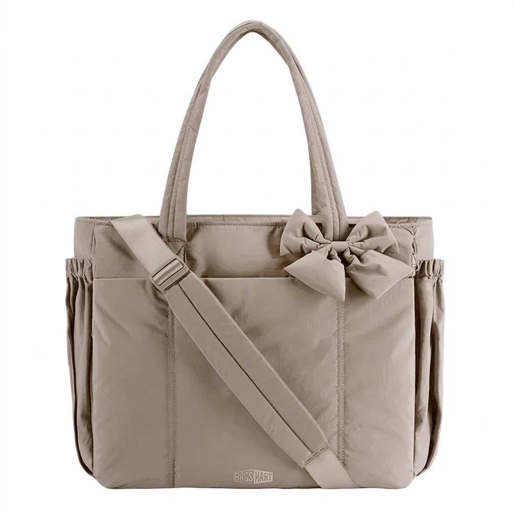 BAGSMART taupe tote bag with bow detail and padded handles