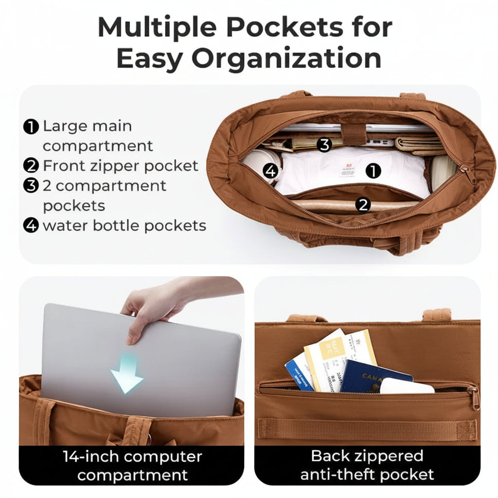 BAGSMART tote bag organisation diagram showing the interior and exterior pockets.