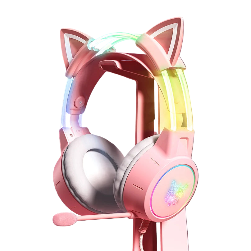 Pink ONIKUMA X15 Pro gaming headset with cat ears and RGB lighting, shown hanging on a stand