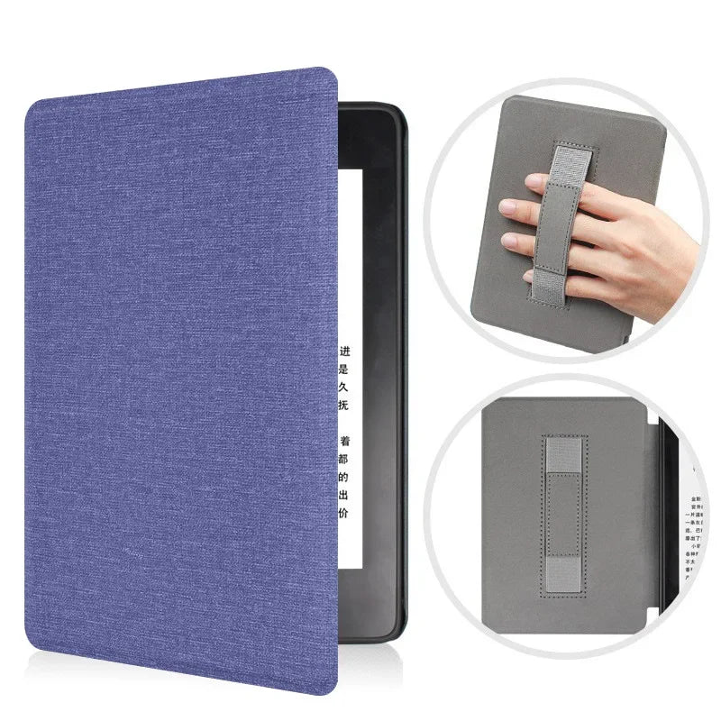 Blue fabric case for a Kindle device with close-up insets showing a hand holding the case.