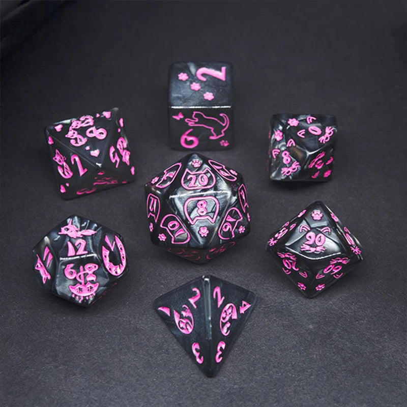 Black and Pink Cat 7pc Dice Set