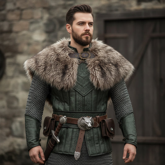 Viking faux fur collar costume cloak for men