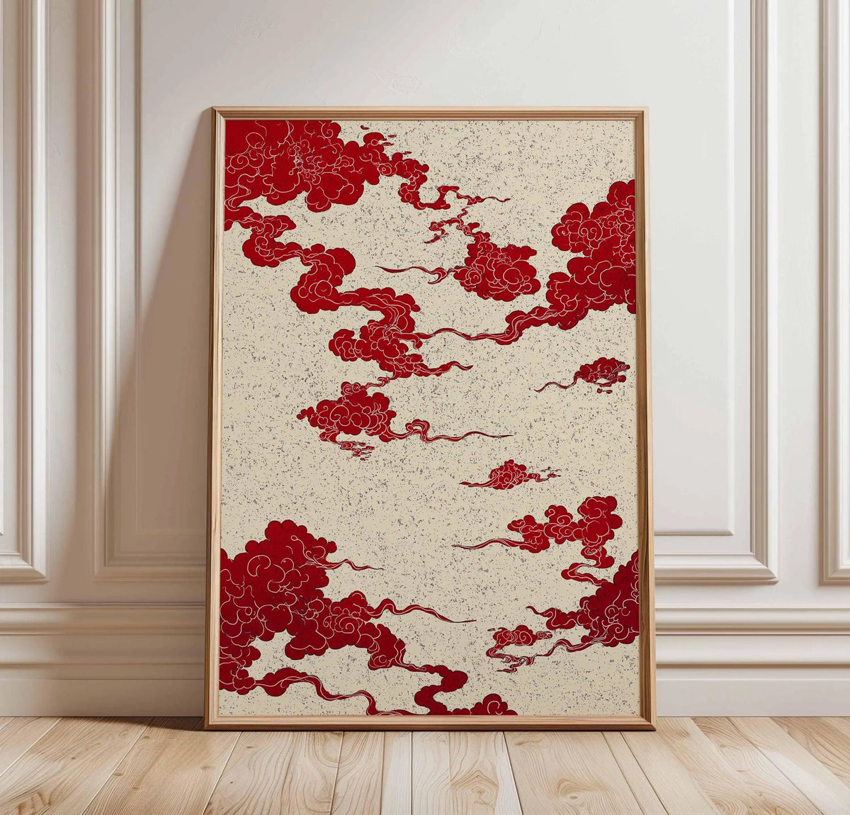 Framed artwork with red cloud pattern on a beige background