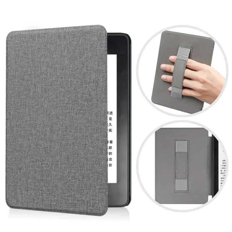 Gray fabric Kindle case for a device with a hand holding it and close-up details.