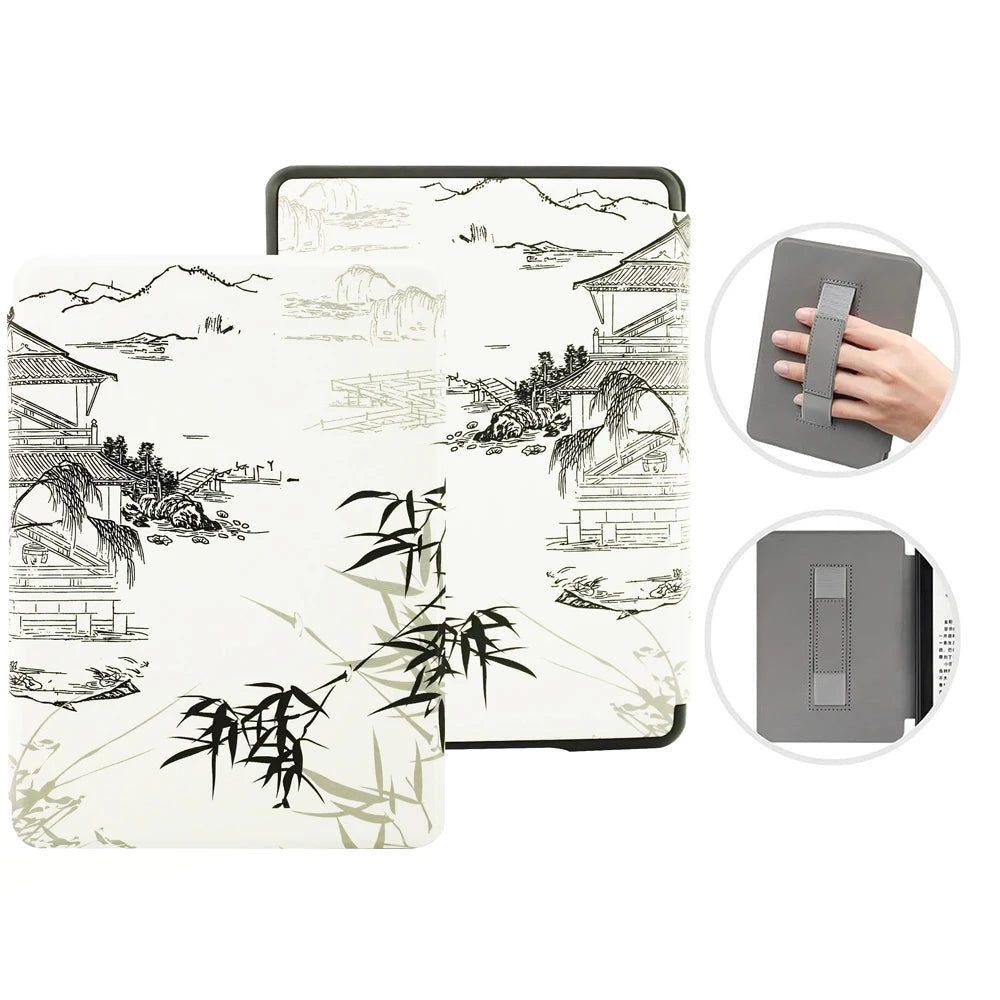 Kindle case with Chinese landscape design on a white background