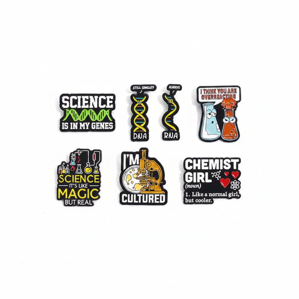 Science-themed enamel pin badge collection