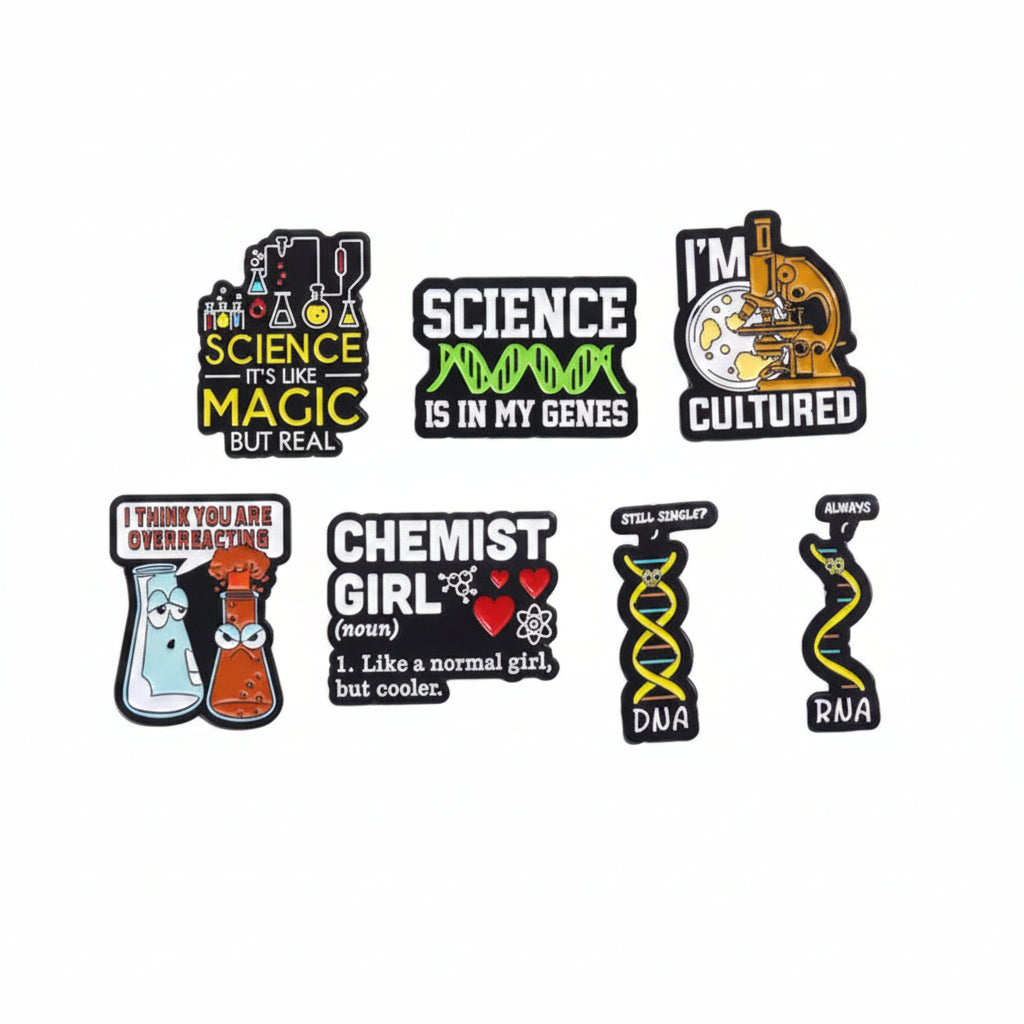 Science-themed enamel pin badge collection