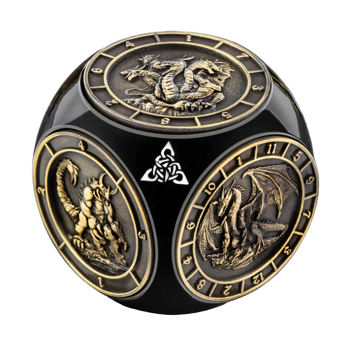 Fantasy dice product image showing raised creature designs and 3D relief details.