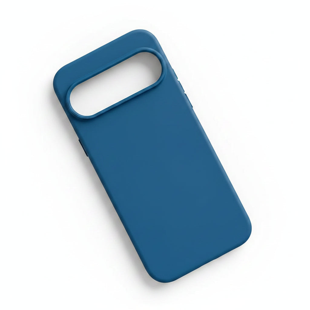 A solid blue phone case with a large camera cutout, shown at an angle on a clean white background.