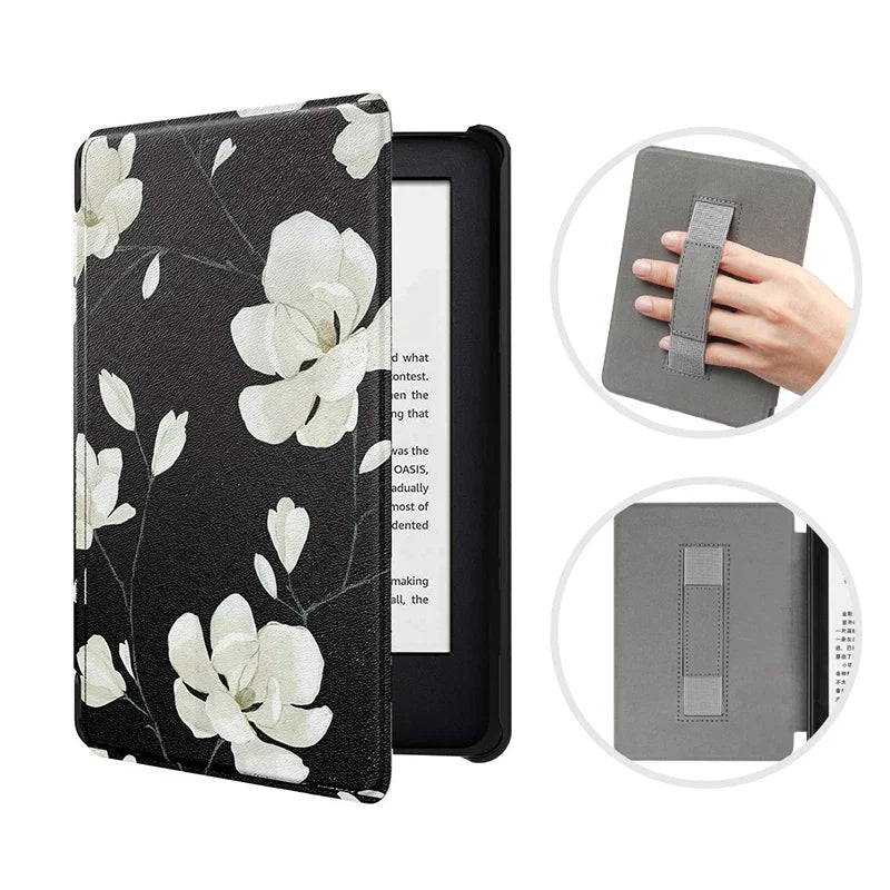 Floral-patterned case for a Kindle device with a hand holding it and showing the back.