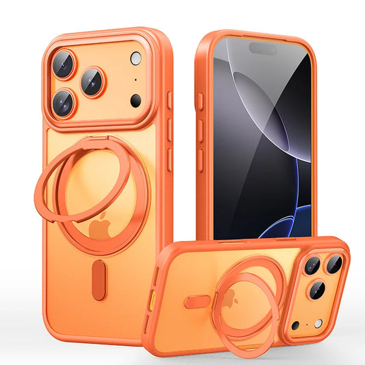 Orange magnetic iPhone case with 360° rotating ring kickstand, front and back