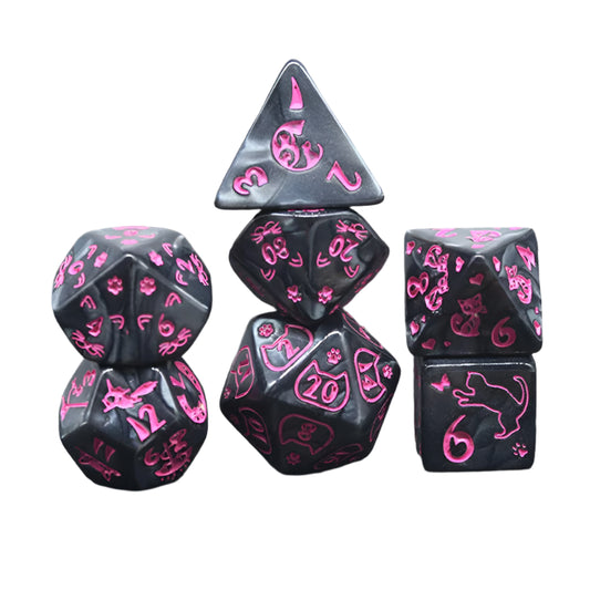 7 Piece Dice Set - Black and Pink Cat