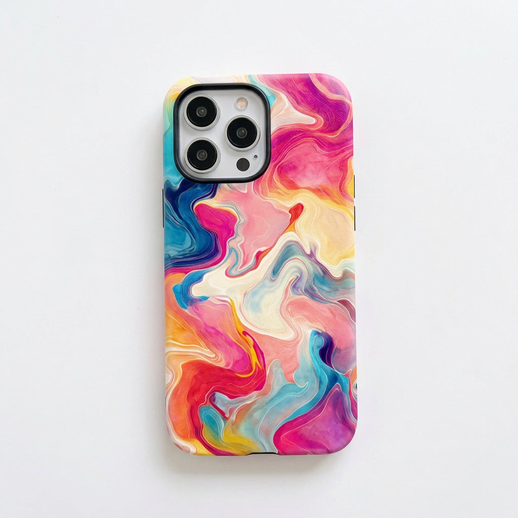 Colorful marbled phone case on a white surface