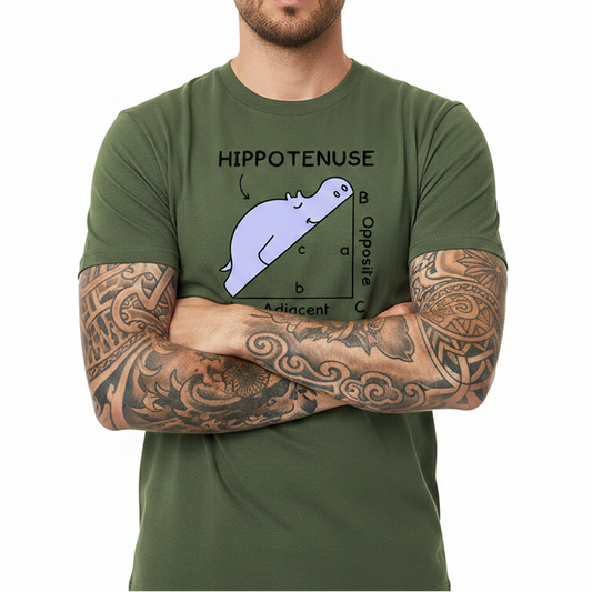 Green t-shirt with a mathematical diagram of a hippo labeled 'Hippotenuse' on a white background