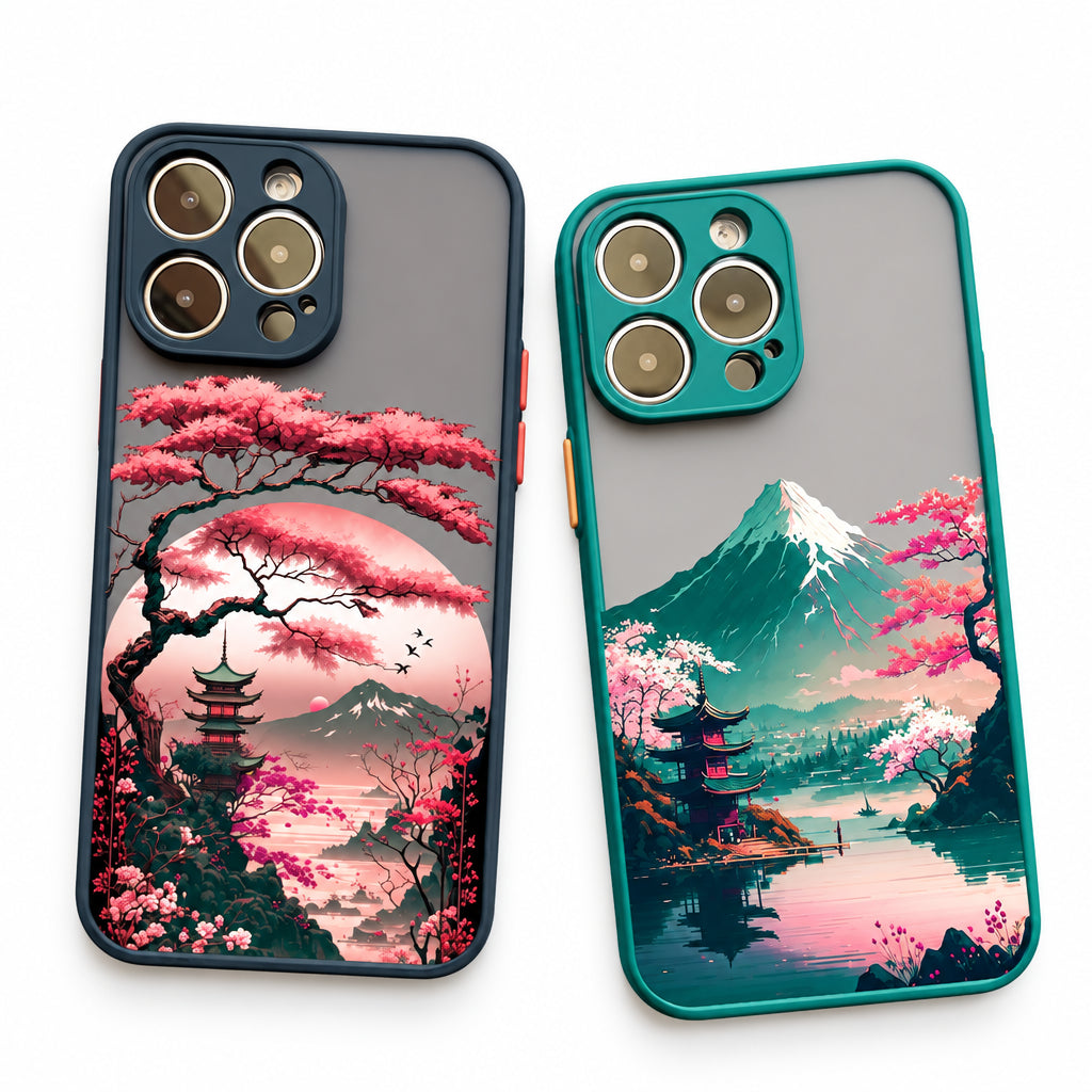 Japanese Mount Fuji landscape iPhone cases with cherry blossom design