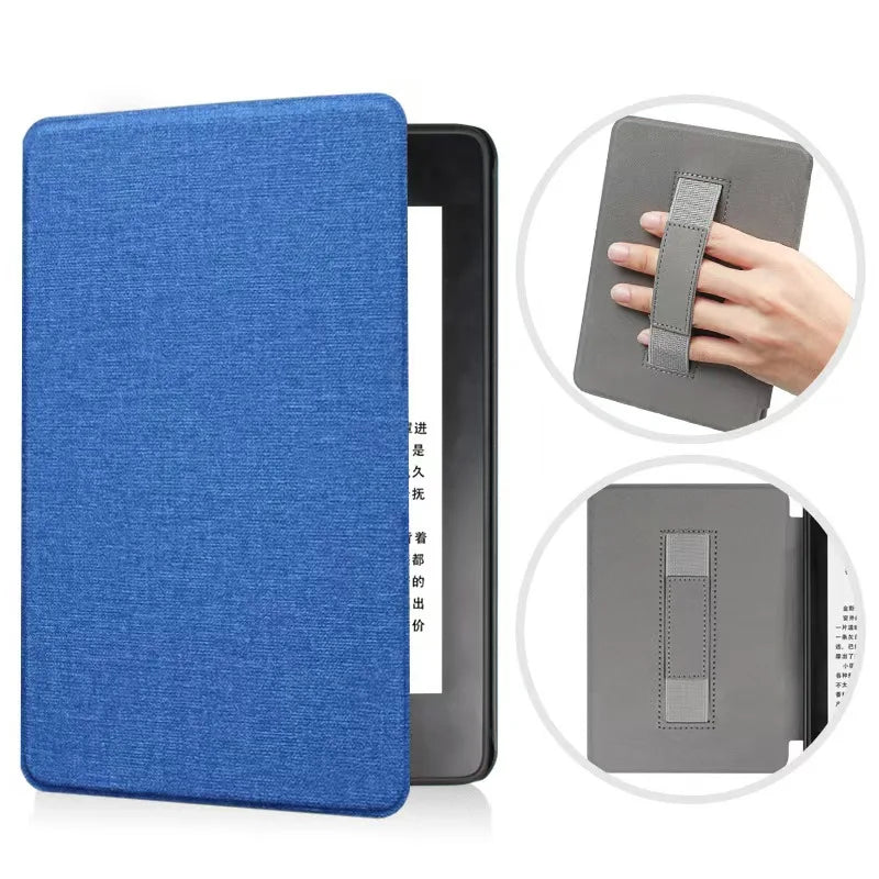 Blue fabric Kindle case for a device with close-up insets showing a hand holding it.