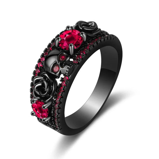 Punk skull flower ring with red stones