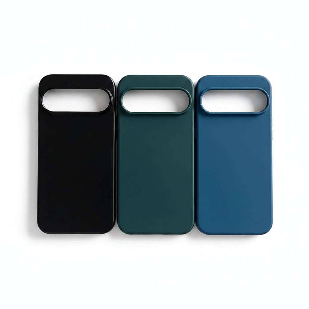 Three matte phone cases in black, dark green, and blue, arranged side by side on a clean white background.