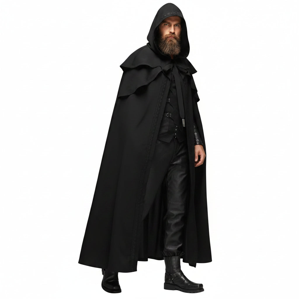 Black medieval hooded costume cloak worn by model