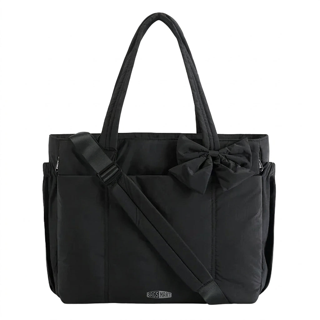BAGSMART black tote bag with bow detail and padded handles