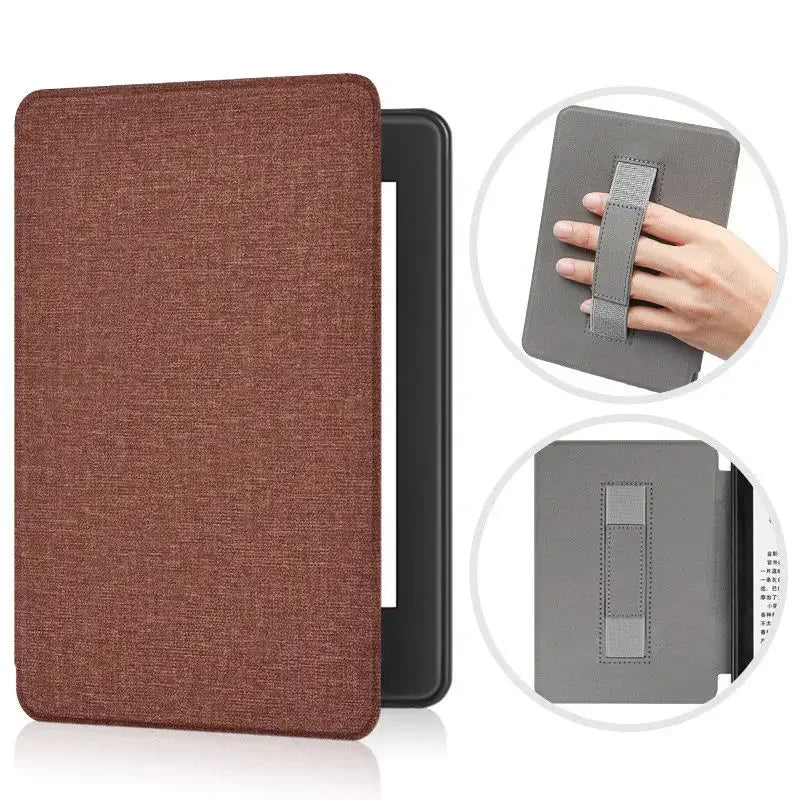 Brown fabric Kindle case for a device with a close-up of a gray case with a strap.