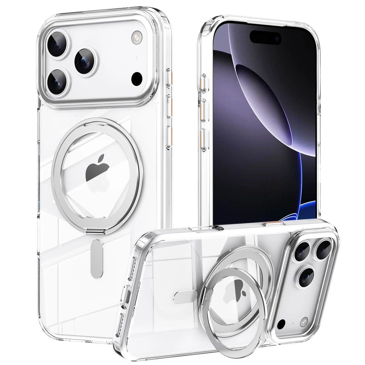 Clear magnetic iPhone case with silver rotating ring kickstand