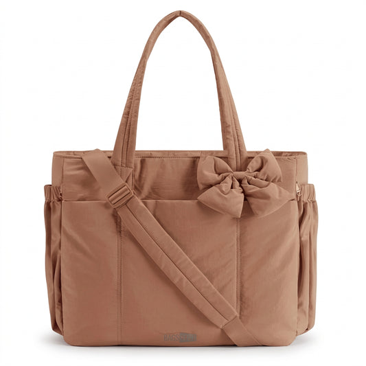BAGSMART brown tote bag with bow detail and padded handles