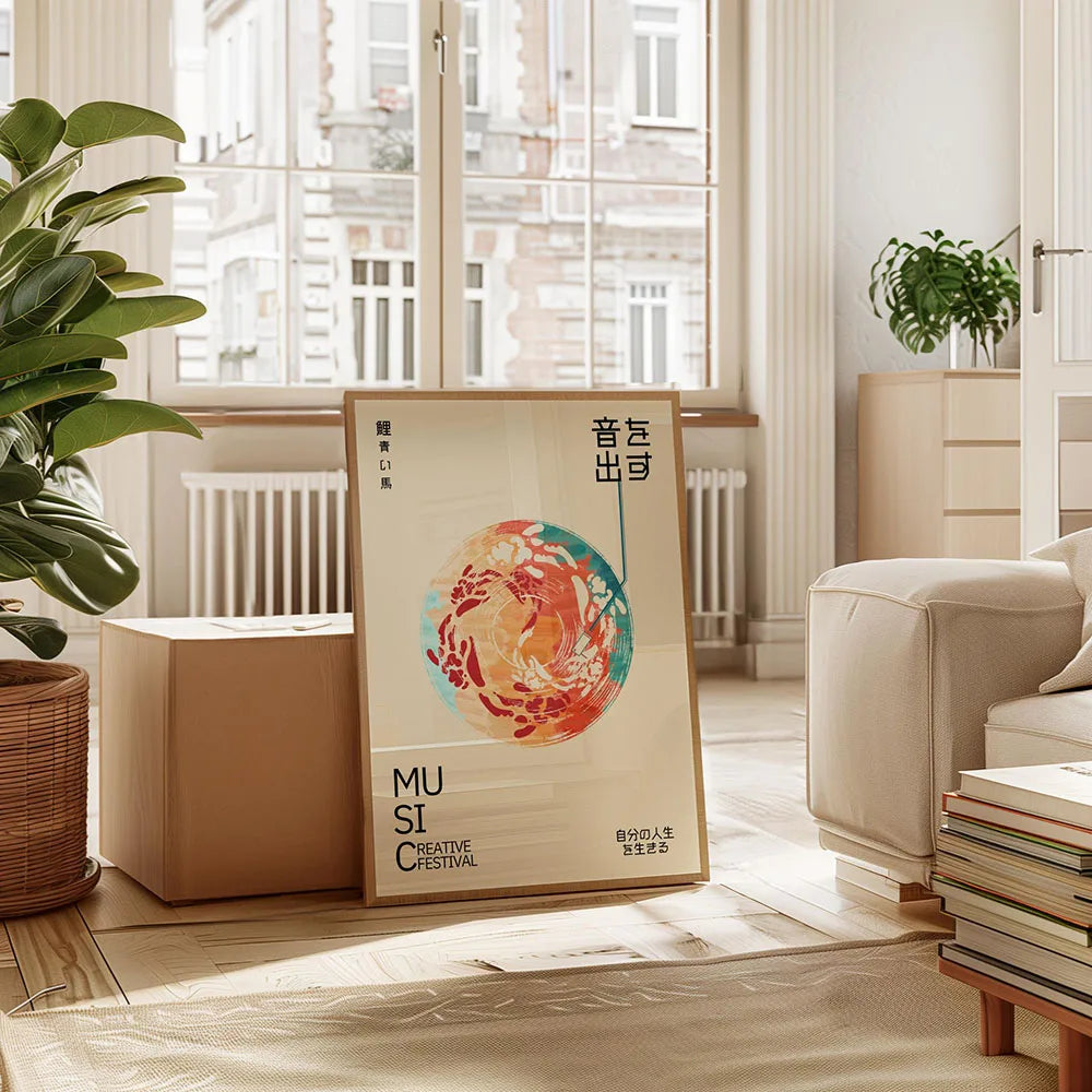 Framed artwork with abstract design and text in a modern living room.