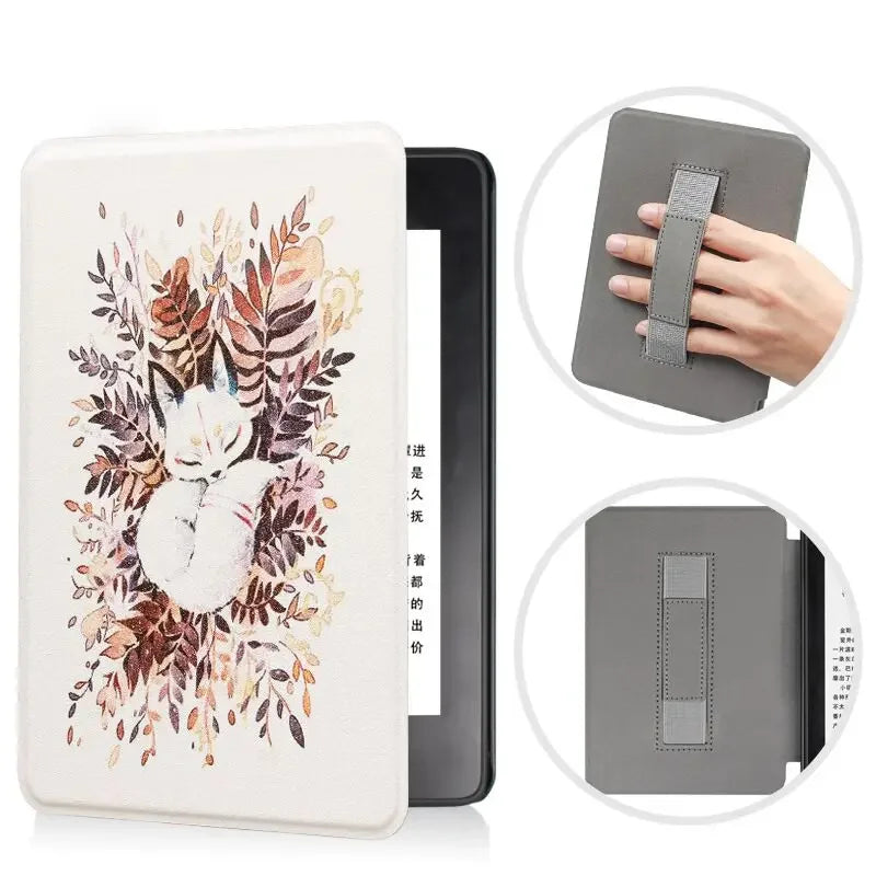 Floral design Kindle case for a tablet with close-up of gray case and hand holding it.