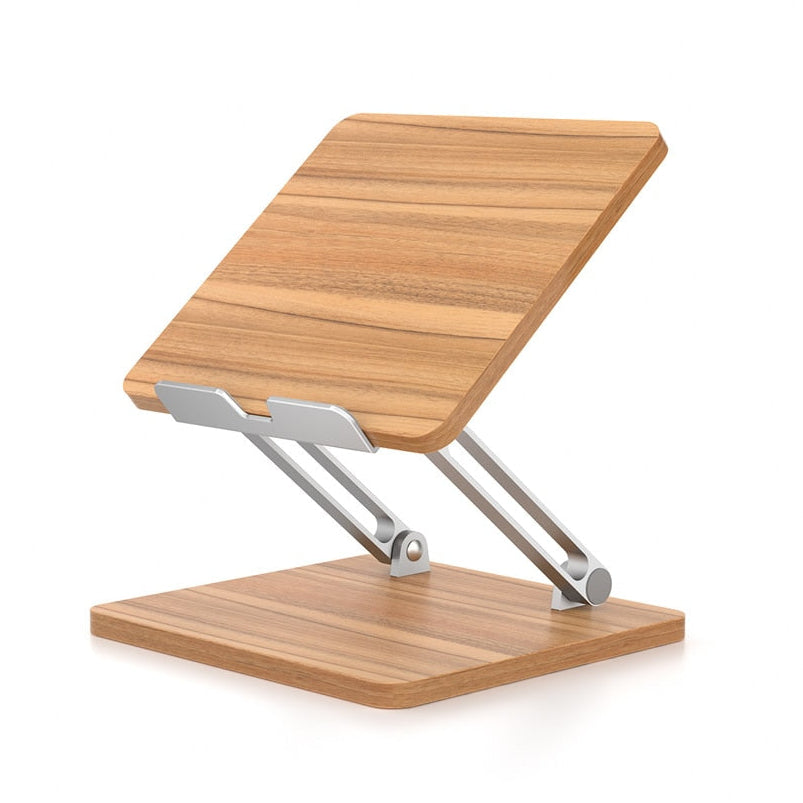 Wooden laptop stand with metal support on a white background