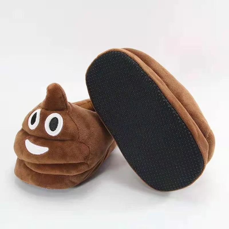 Brown poo emoji plush slippers with textured black EVA outsole