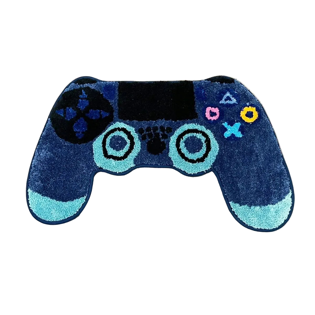 Gamer controller shaped rug in blue and white