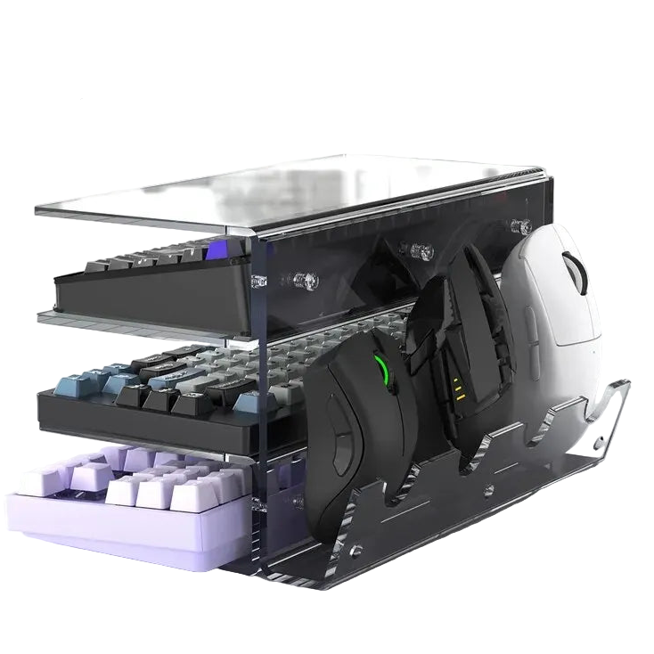 Storage rack with compartments for a keyboard, mouse, and other items on a white background.