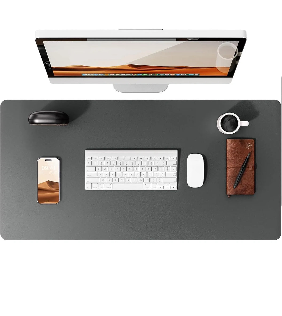 Grey PU leather desk mat with keyboard and mouse
