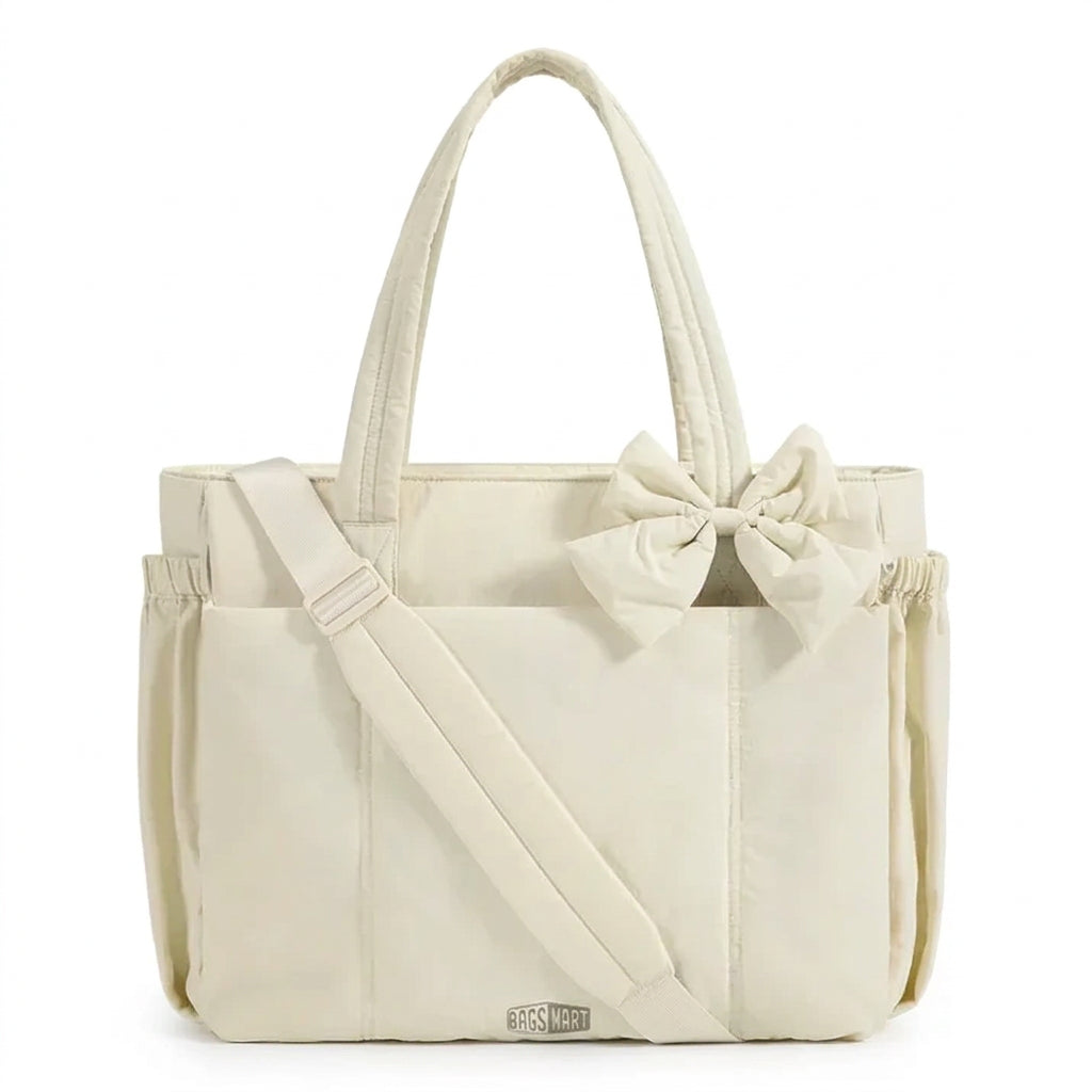 BAGSMART cream tote bag with bow detail and padded handles