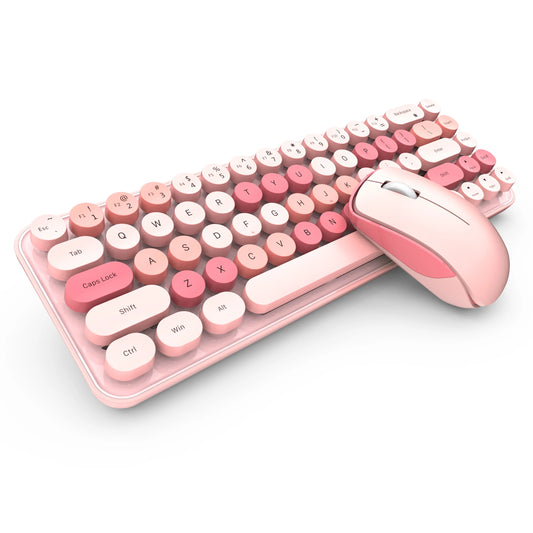 A pastel pink wireless keyboard and mouse set with round keys and decorative lettering, shown on a clean white background.