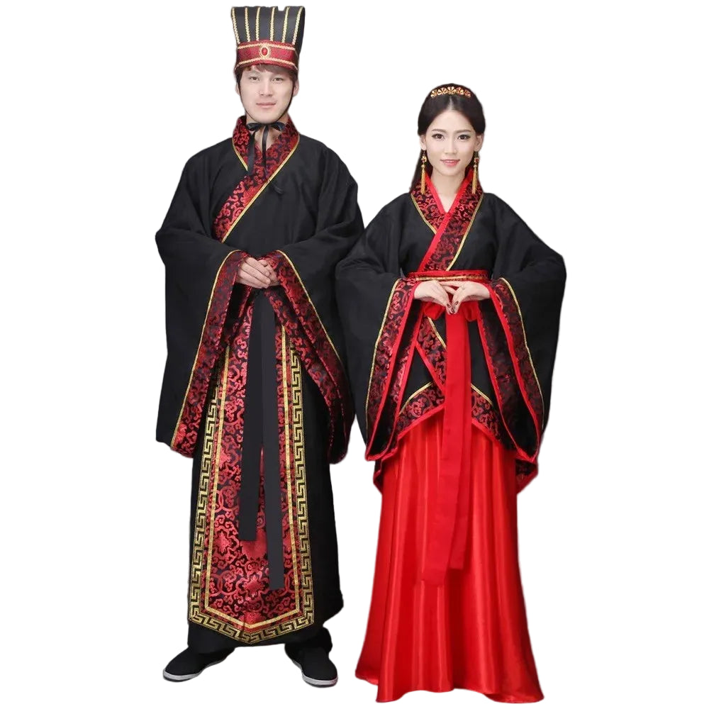 Two individuals wearing traditional black and red chinese outfits on a white background